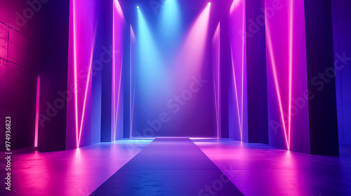 Abstract geometric light patterns, cool blue and purple tones, modern and stylish stage design