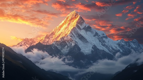 Majestic Snowy Mountain Peak Glowing at Sunset