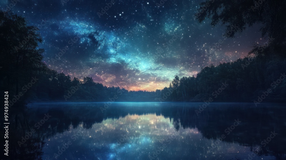 A Starry Night Reflecting in a Calm Lake Surrounded by Trees A Starry Night Reflecting in a Calm Lake Surrounded by Trees