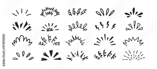 Pop shine line Doodle set. Sunburst drawing hand drawn elements
