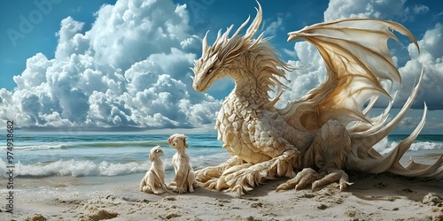 dragon family on the beach, ai, generated.