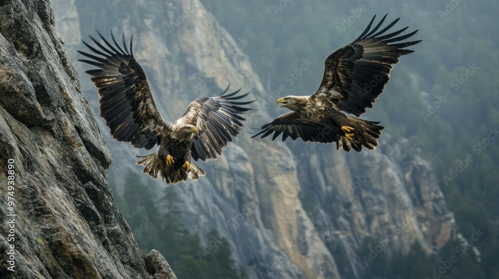 Obraz premium Two Bald Eagles in Flight Over Rocky Mountainside