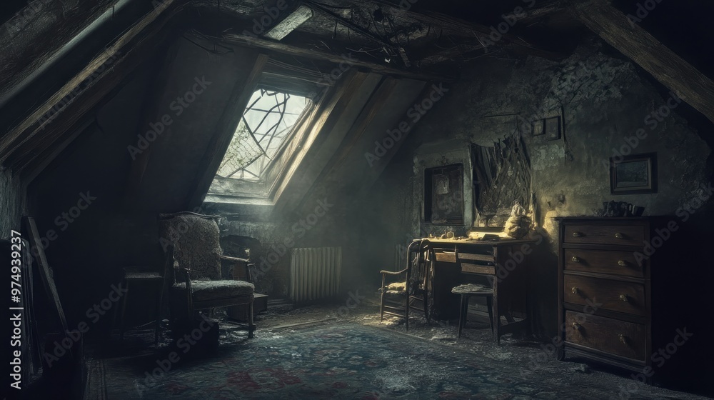 Dusty Attic Room with Sunbeam Through a Broken Window Dusty Attic Room with Sunbeam Through a Broken Window