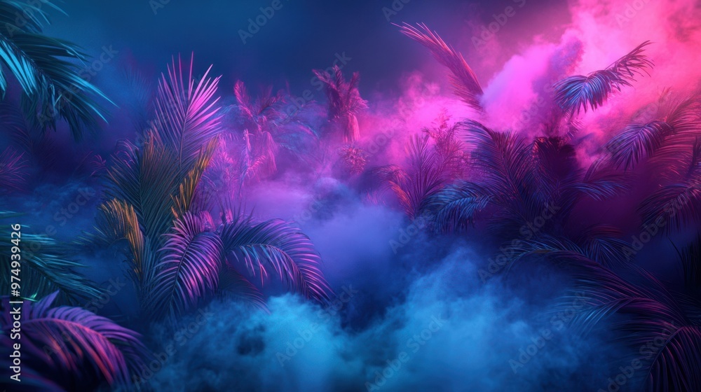 Palm Leaves Silhouetted Against Pink and Blue Smoke Palm Leaves Silhouetted Against Pink and Blue Smoke