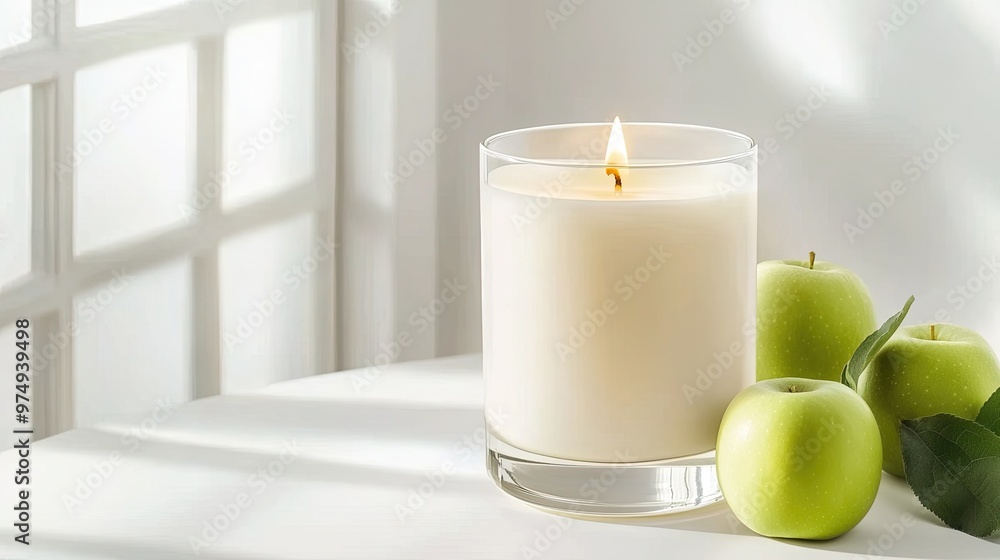 A burning candle sits in a glass jar, surrounded by fresh green apples on a white table, with apple trees in bloom casting soft sunlight over the scene. A burning candle sits in a glass jar, surrounded by fresh green apples on a white table, with apple trees in bloom casting soft sunlight over the scene.