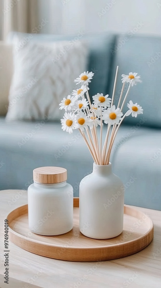 A warm and inviting home space showcases candles and reed diffusers elegantly arranged on a wooden tray, complemented by delicate white daisies and soft pastel hues. A warm and inviting home space showcases candles and reed diffusers elegantly arranged on a wooden tray, complemented by delicate white daisies and soft pastel hues.