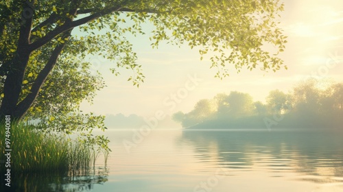 Tranquil Lake Scene with Overhanging Tree Branches and Morning Mist