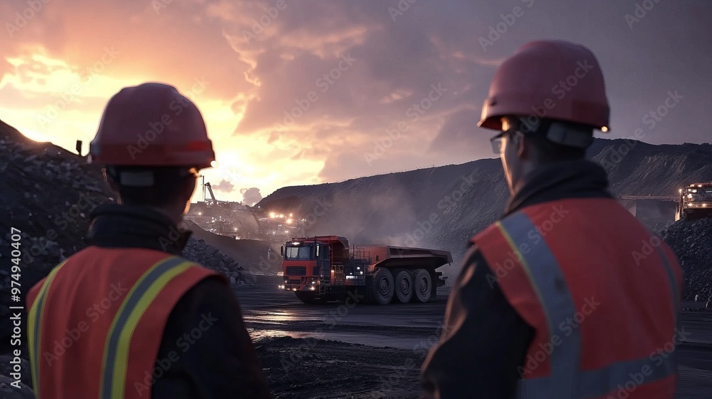 Two mining engineers in hard hats looking at an open pit mine, Two engineer looking at open-pit mine. Two mining engineers in hard hats looking at an open pit mine, Two engineer looking at open-pit mine.