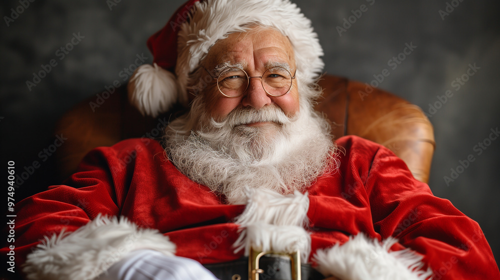 Naklejka premium Santa Claus sitting on the chair. Winter Holiday postcard. Xmas. Happy New Year. Merry Christmas. holiday presents