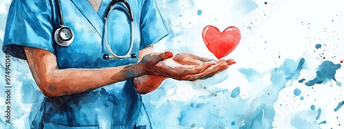 Heart specialist doctor hands holding red miniature Heart with both hands on white background, watercolor style. Organ donation, wellbeing family insurance, CSR concept, world heart day, world health