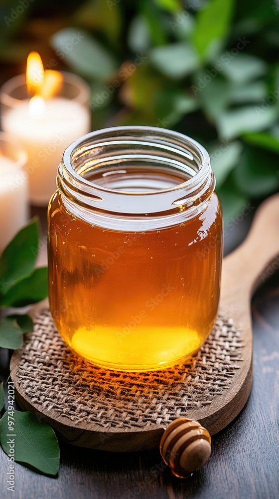 Golden honey drips from a wooden spoon into a jar, surrounded by candles and nature. This setting creates a serene and cozy atmosphere filled with sweet warmth. Golden honey drips from a wooden spoon into a jar, surrounded by candles and nature. This setting creates a serene and cozy atmosphere filled with sweet warmth.
