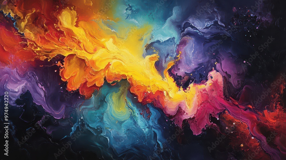 Fototapeta premium Colorful eruption with vibrant yellows and reds transitioning into dark blues and purples
