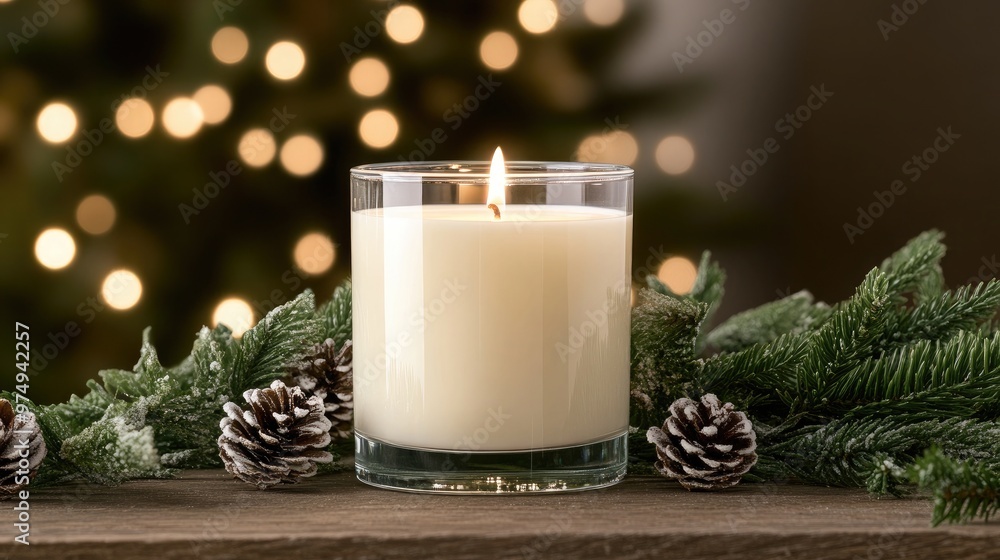 A glass candle jar filled with cream wax and gentle flames rests on a wooden stand, surrounded by holly leaves and pine cones, enhancing the holiday ambiance A glass candle jar filled with cream wax and gentle flames rests on a wooden stand, surrounded by holly leaves and pine cones, enhancing the holiday ambiance