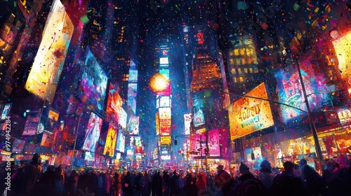 Vibrant New Year's Eve Celebration in Times Square, New York City with Colorful Confetti and Balloons