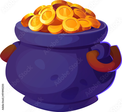 Cartoon pot with golden coins. Isolated vector cauldron, adorned with two handles brimming with golden coins, emit a radiant glow. Magic game asset, leprechaun treasure, symbol of luck and prosperity