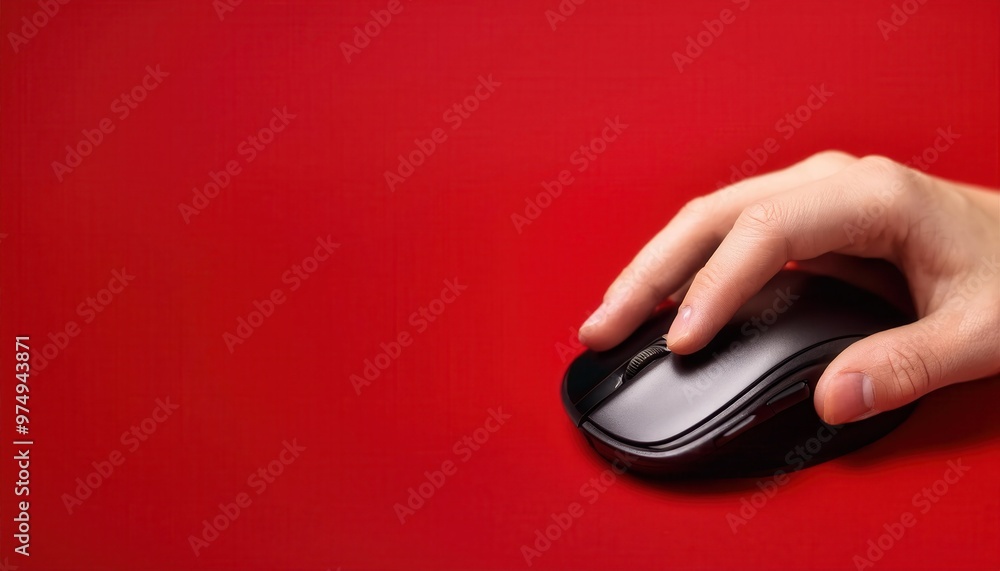 Hand holding a computer mouse on a red background. Hand holding a computer mouse on a red background.