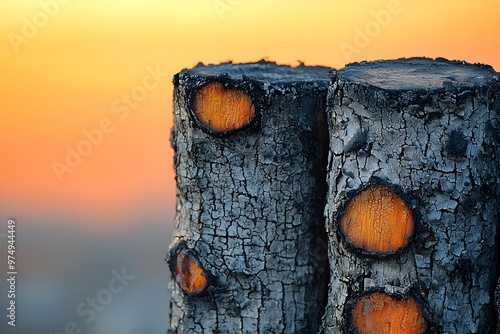 Charred wood textures at sunset: nature's artistry and the beauty of contrast photo