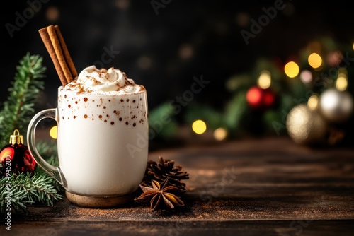 Christmas eggnog with whipped cream and cinnamon sticks, festive background photo