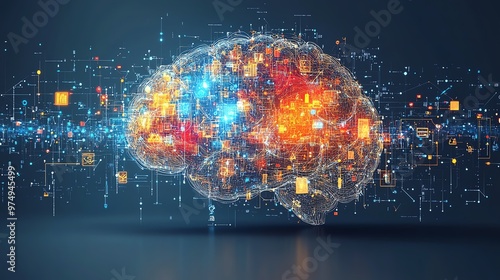 Human brain made of swirling digital lines and business icons, representing creative business ideas, idea brain, complex business thinking