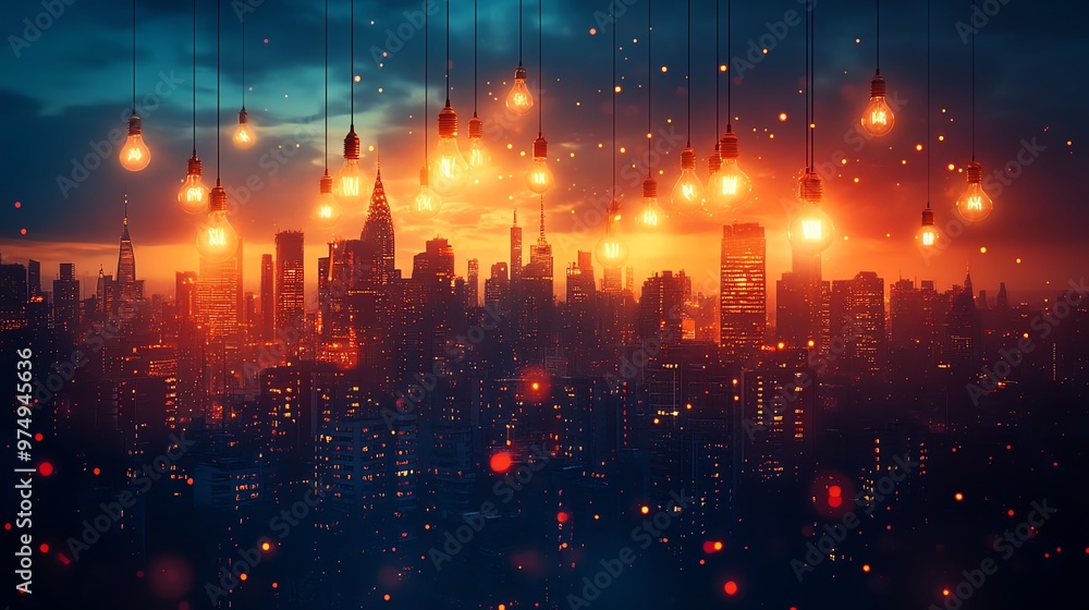 Silhouette of a city skyline with glowing light bulbs hanging in the sky. Silhouette of a city skyline with glowing light bulbs hanging in the sky.