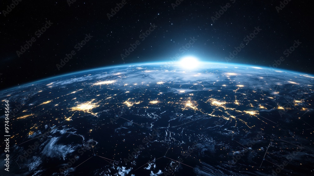 A breathtaking view of Earth from space, with the sun rising over the horizon and city lights illuminating the night. A breathtaking view of Earth from space, with the sun rising over the horizon and city lights illuminating the night.