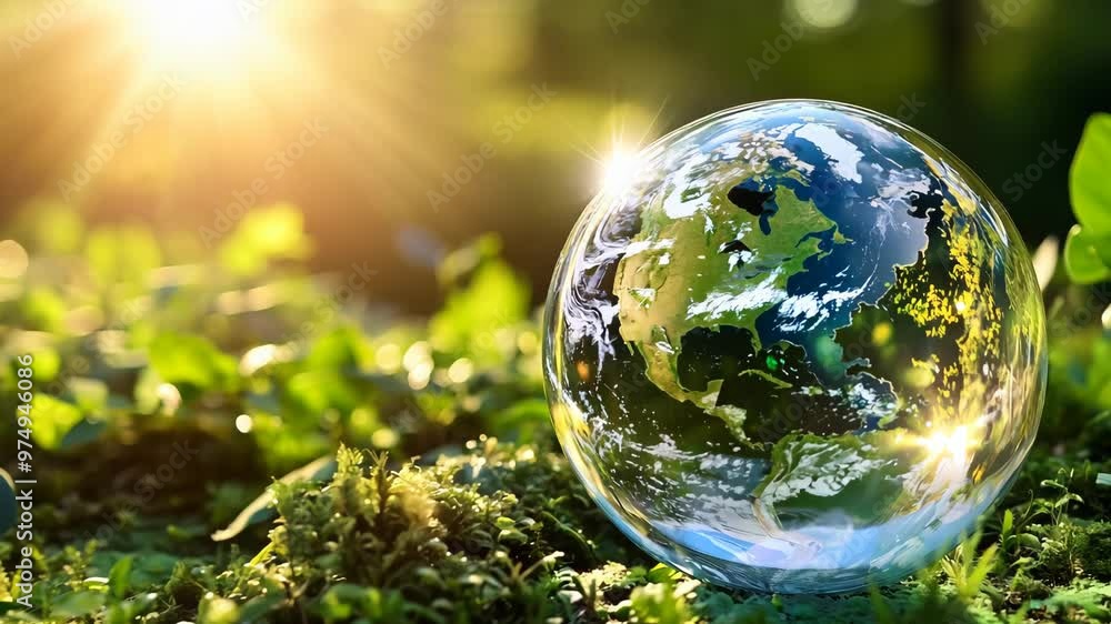 A glass globe with the world inside, surrounded by green leaves and moss on top of soil. A glass globe with the world inside, surrounded by green leaves and moss on top of soil.