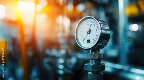 Close-up of a pressure gauge in an industrial setting, showing precise measurements and reflecting a vibrant, illuminated background. photo