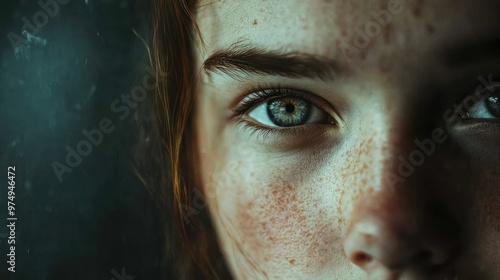 Close-up Portrait of a Young Woman with Green Eyes and Freckles photo