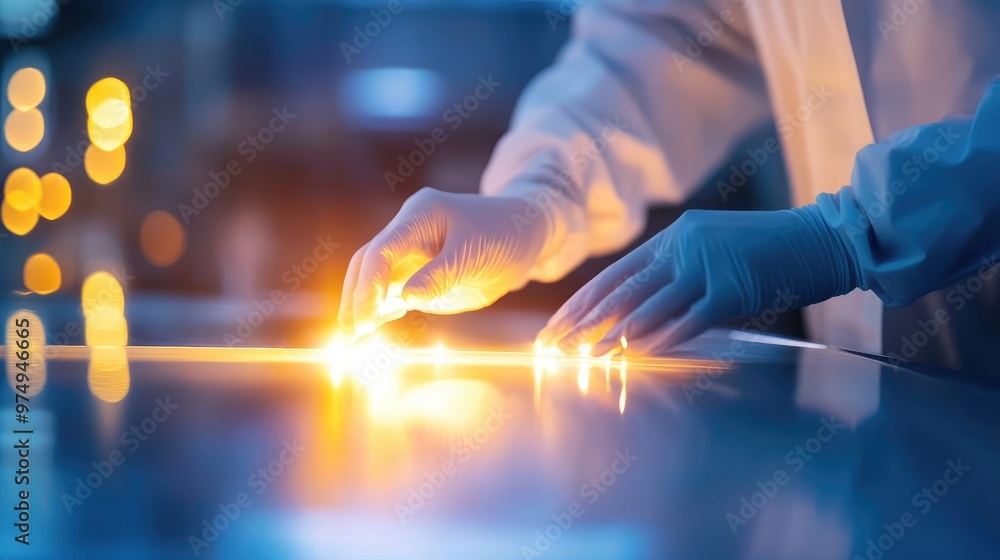 A close-up of hands wearing gloves interacting with a glowing surface in a laboratory environment, showcasing precision and innovation. A close-up of hands wearing gloves interacting with a glowing surface in a laboratory environment, showcasing precision and innovation.