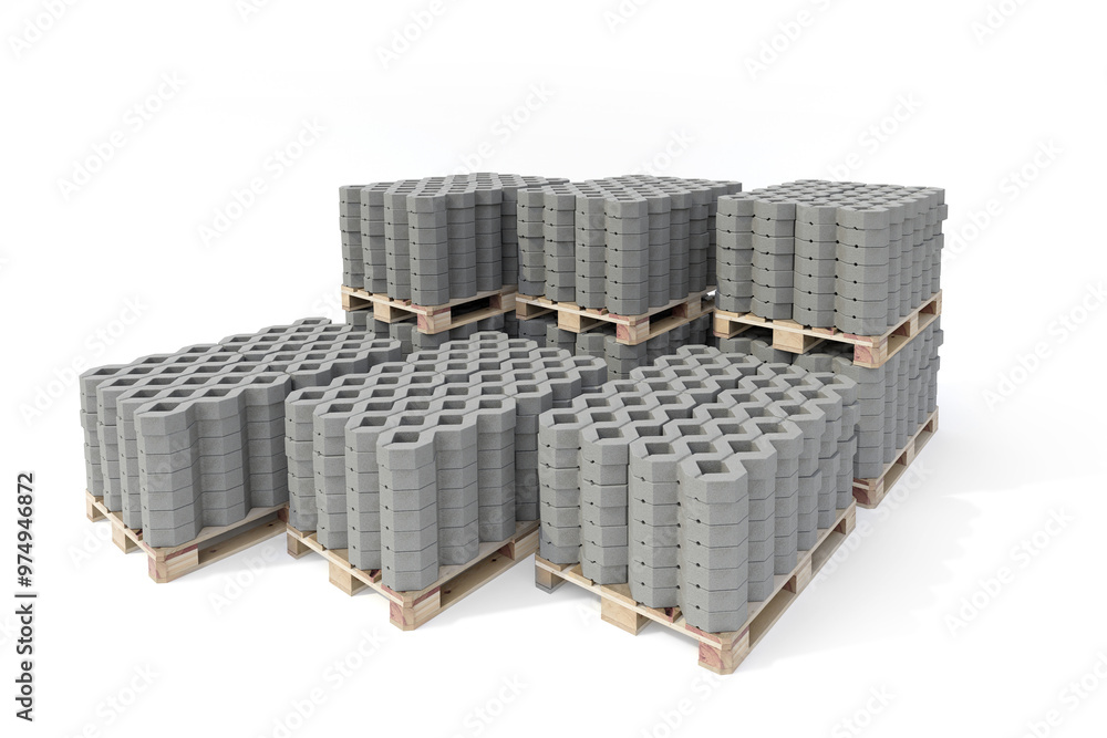 Set of pallets with blocks of concrete grass pavers - 3d rendering