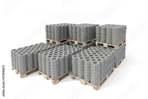 Obraz na płótnie Set of pallets with blocks of concrete grass pavers - 3d rendering w salonie