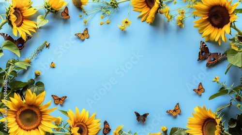 Background of sunflowers on blue background