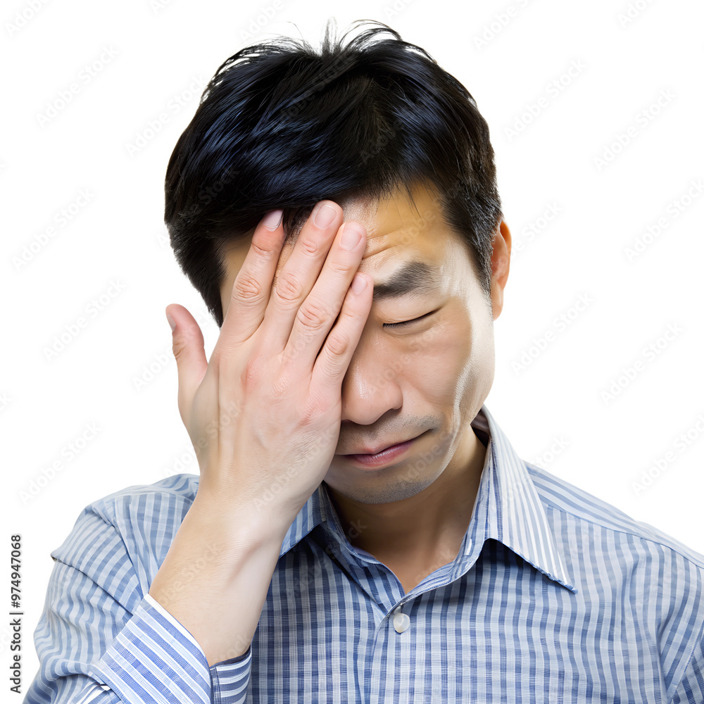 An Asian man expressing frustration and stress, covering his face with one hand. Isolated on a transparent or white background. An Asian man expressing frustration and stress, covering his face with one hand. Isolated on a transparent or white background.