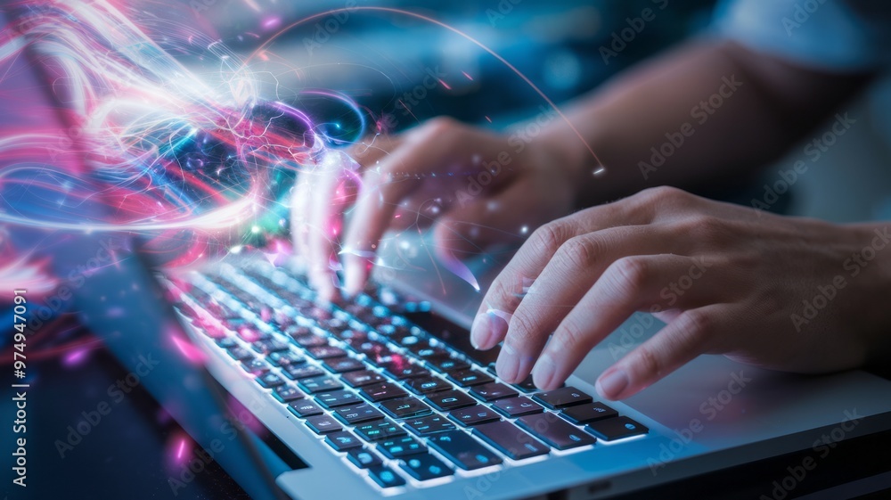 Hands Typing on a Laptop with Futuristic Digital Effects Hands Typing on a Laptop with Futuristic Digital Effects