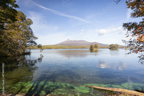 Onuma pond and Mt.Komagatake in the the most favorite autumn season in Hokkaido, Japan