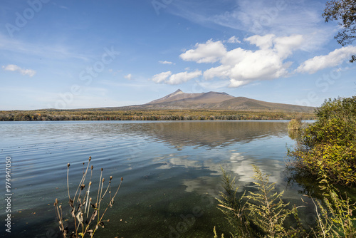 Onuma pond and Mt.Komagatake in the the most favorite autumn season in Hokkaido, Japan
