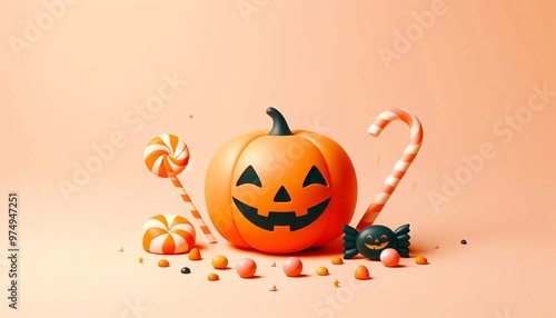 halloween jack o lantern, Smiling halloween pumpkin and candies in minimalist styleGenerative AI photo