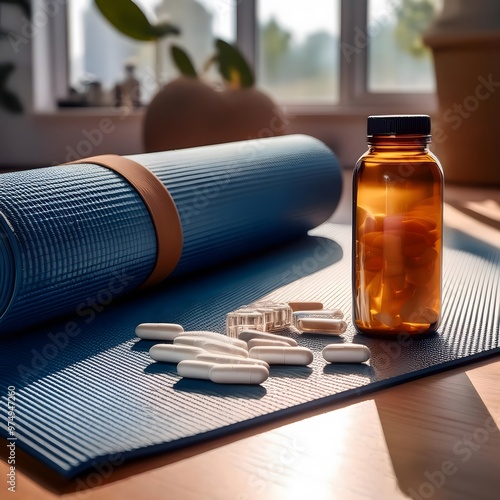 Vitamin Bottle and Tablets with Wellness Accessories photo