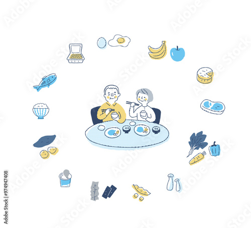 健康的な食事をしている夫婦とさまざまな食品