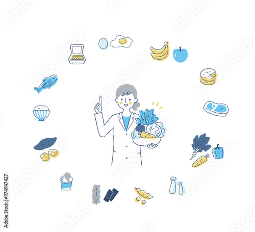野菜を抱えて説明している栄養士の女性とさまざまな食品