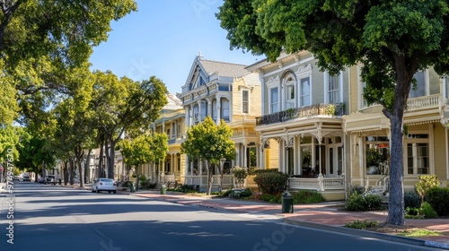 Fototapeta Naklejka Na Ścianę i Meble -  A vibrant row of historic Victorian-style buildings line the main street in Livermore, California, showcasing ornate architecture against a backdrop of a sunny, blue sky
