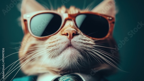 A humorous image of a ginger cat donning orange-framed sunglasses and wearing a turquoise tie with a matching shirt, exuding a playful and stylish vibe for all ages. photo