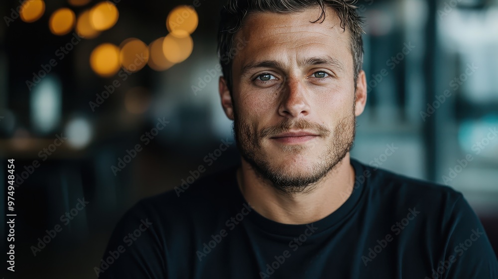 A serious man with slightly disheveled hair sits in a dimly lit café, wearing a black shirt, projecting contemplation and a pensive presence. A serious man with slightly disheveled hair sits in a dimly lit café, wearing a black shirt, projecting contemplation and a pensive presence.