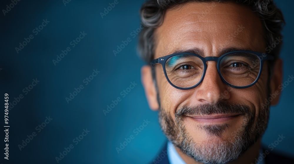 A man with glasses smiles contentedly in front of a deep blue background, presenting a mixture of professionalism and warmth in his expression. A man with glasses smiles contentedly in front of a deep blue background, presenting a mixture of professionalism and warmth in his expression.