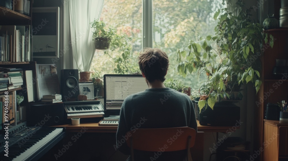 A Person Sitting at a Desk Facing a Window with a View of Trees A Person Sitting at a Desk Facing a Window with a View of Trees