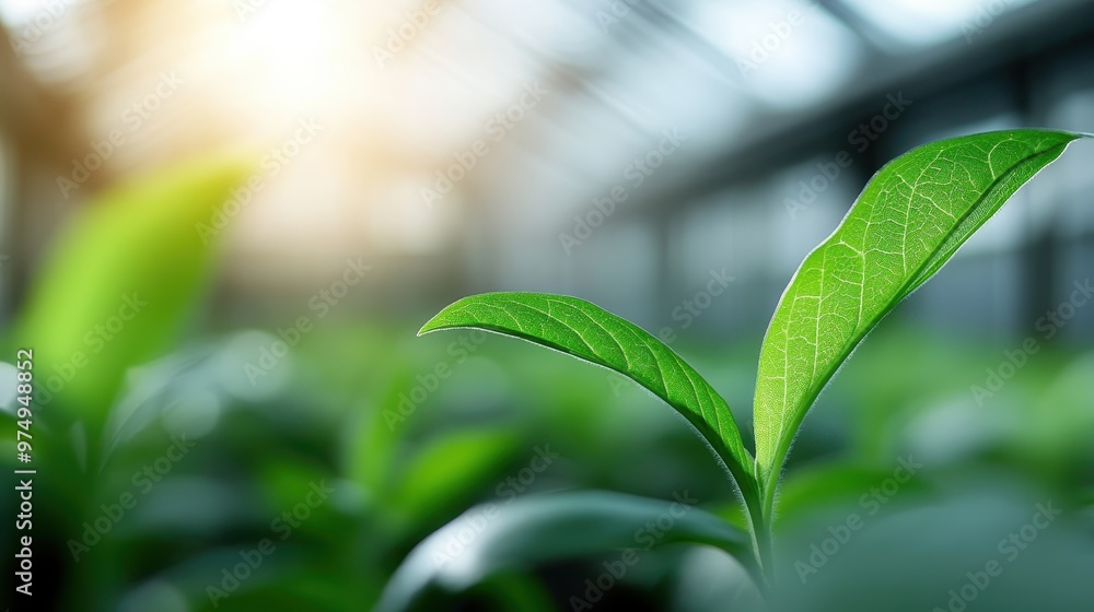 A detailed close-up shot of a fresh green leaf bathed in soft sunlight coming through a greenhouse, highlighting the intricate patterns and healthy growth in natural environment. A detailed close-up shot of a fresh green leaf bathed in soft sunlight coming through a greenhouse, highlighting the intricate patterns and healthy growth in natural environment.