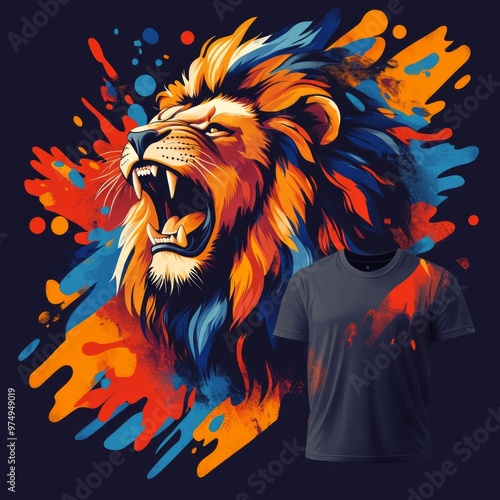 A vibrant lion graphic design on a t-shirt. photo