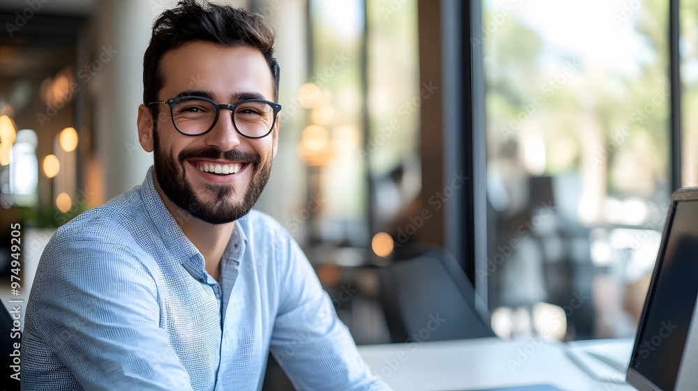 Smiling Man Wearing Glasses and a Blue Shirt Smiling Man Wearing Glasses and a Blue Shirt