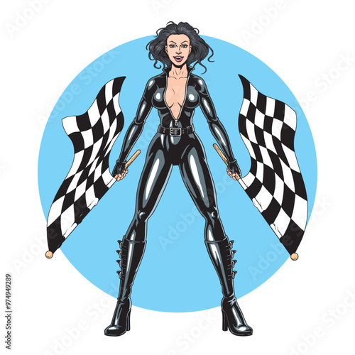 Racing girl with checkered flag isolated on the white background. Young pin up style attractive woman in latex, auto sport championship poster or banner design. Vector illustration.