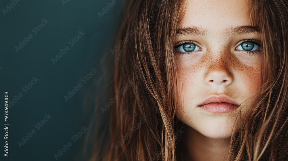 A thoughtful young girl with blue eyes and freckles gazes pensively into the camera, her expression conveying depth and innocence against a plain dark backdrop. A thoughtful young girl with blue eyes and freckles gazes pensively into the camera, her expression conveying depth and innocence against a plain dark backdrop.